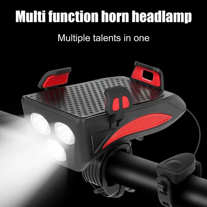 

4 in 1 T6 LED 400LM Bicycle Headlight with Power Bank Mobile Phone Rack Holder Alarm Bell Speaker Horn MTB Mountain Bike Light