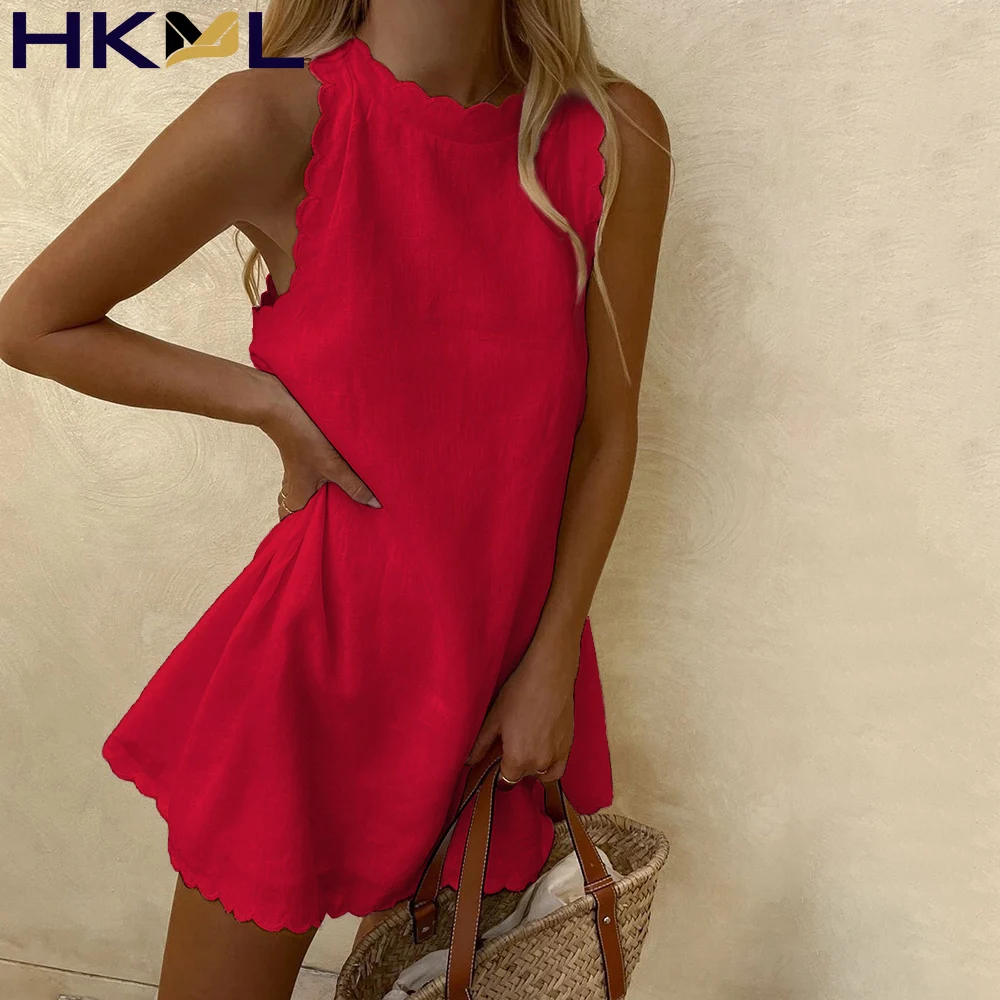 

Women Dress Scallop Trim Sleeveless Solid Casual Lounge Holiday Wear Solid Sexy Robes 2022 New A Line Tank