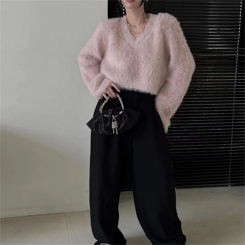 

Women Winter V-Neck Long Sleeve Cropped Sweater Thick Fluffy Fuzzy Solid Color Casual Loose Pullover Jumpers Crop Top
