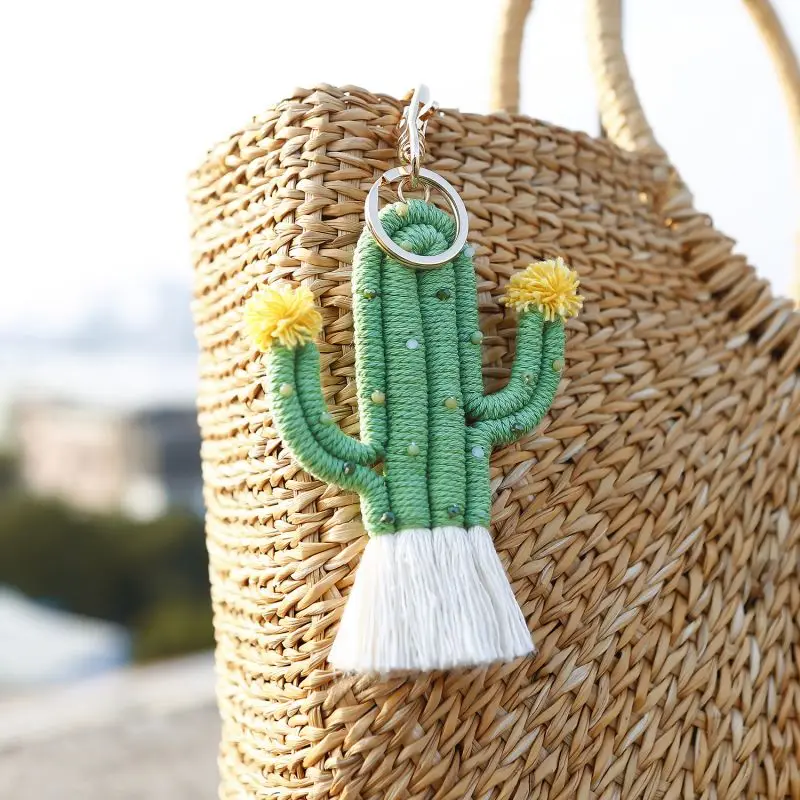 Fashion Car Keychains Knitting Green Cactus Boho Keychains For Women Cute Bag Keyrings Fashion Women Car Keys Keychain Wholesale 2