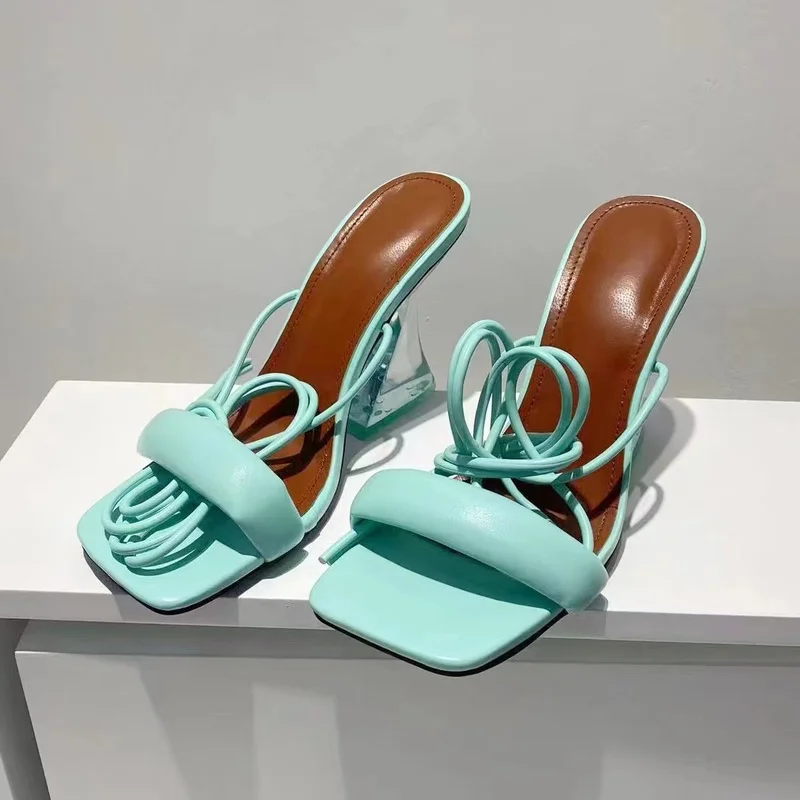 

Women Square Toe Sandals Transparent Plus Size Female Pumps Ankle Strap Solid Ladies Summer Shoes Tie Leg Fashion Women's Shoes