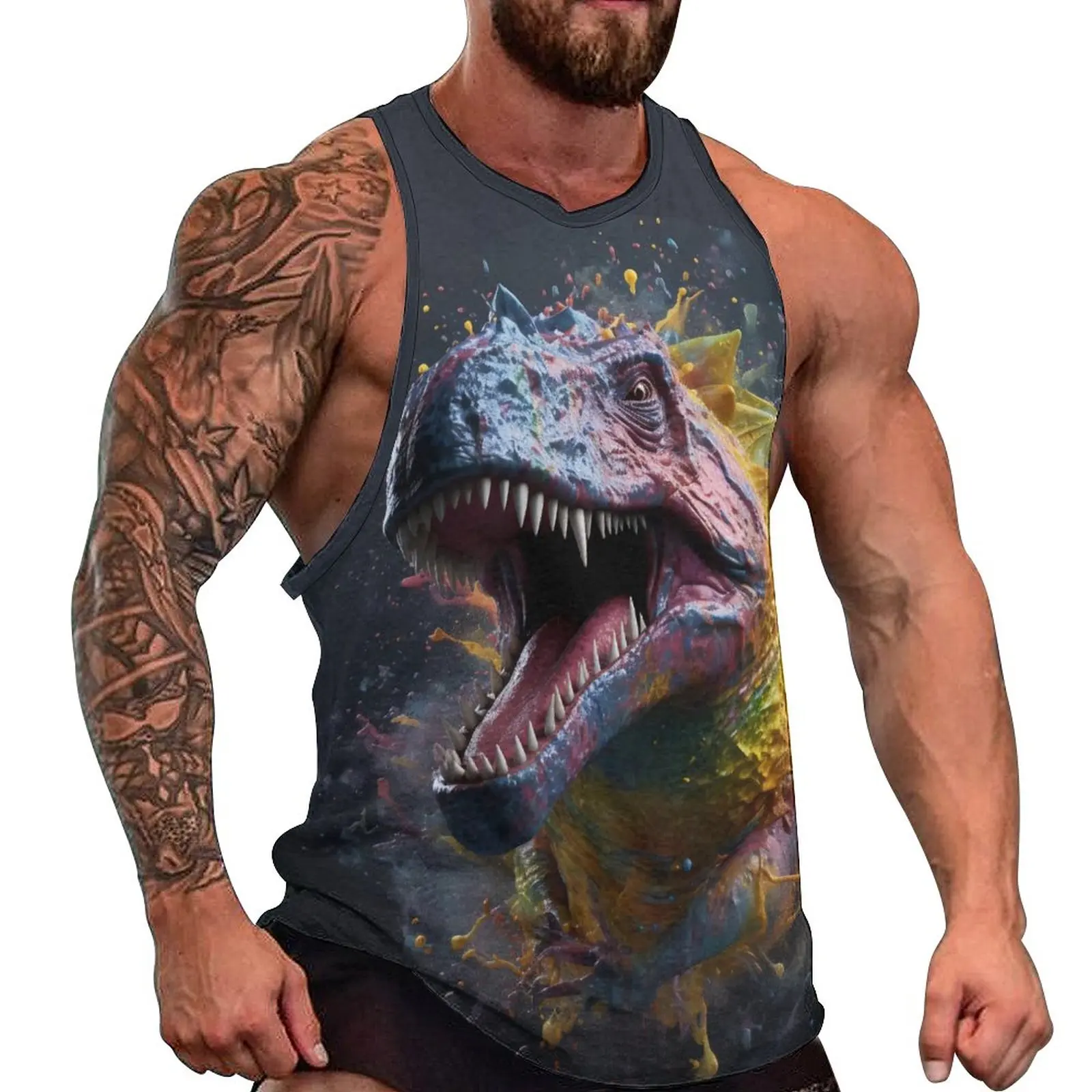 

Dinosaur Tank Top Explosion Liquid Splash Trendy Tops Summer Training Male Pattern Sleeveless Shirts Large Size
