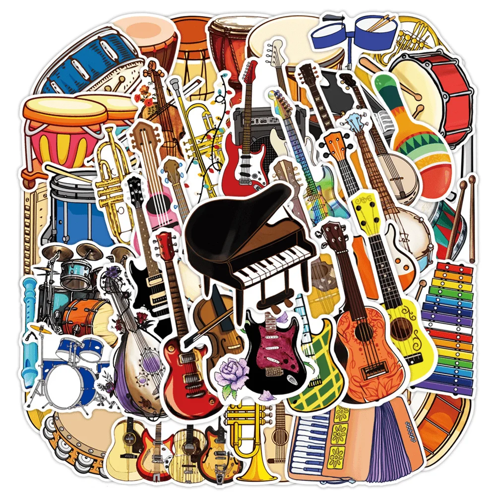 

50pcs Instrument Piano Violin Shelf Drum Stickers Pack Laptop Phone Guitar Scrapbook Sticker Journal Accessories DIY Vintage