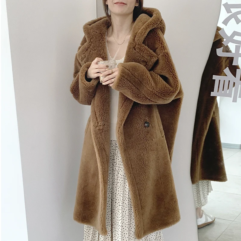 

Real Lamb Fur Coats Female Autumn Winter 2022 Fashion New Genuine Lamb Fur Overcoats Elegant Long Hooded Jackets for Women F145