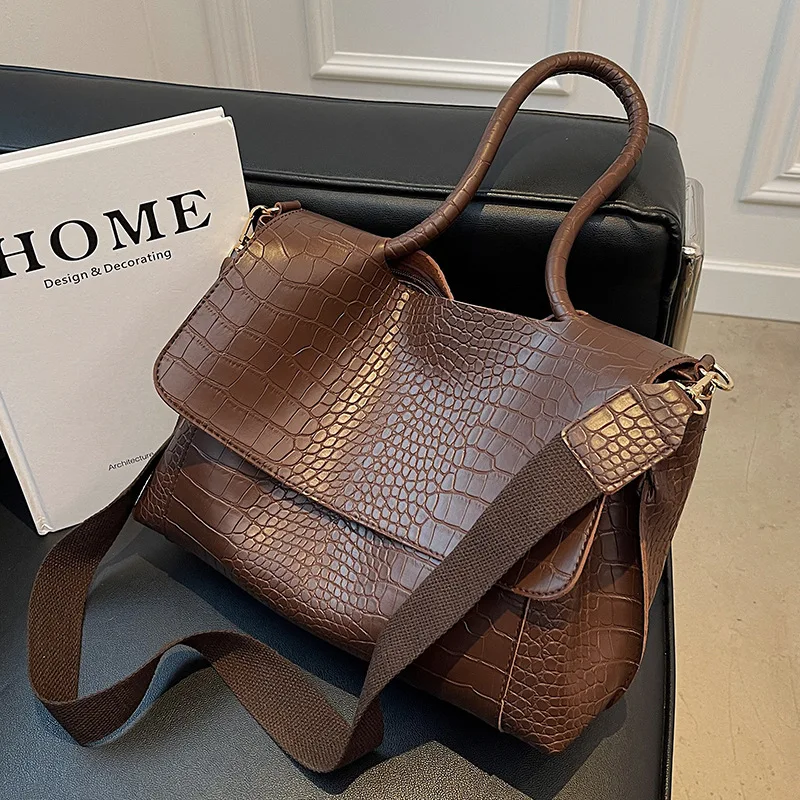 

Vintage Crocodile Pattern Women Shoulder Messenger Bag Large Capacity Retro Flap Tote For Female Casual Pu Leather Solid Handbag