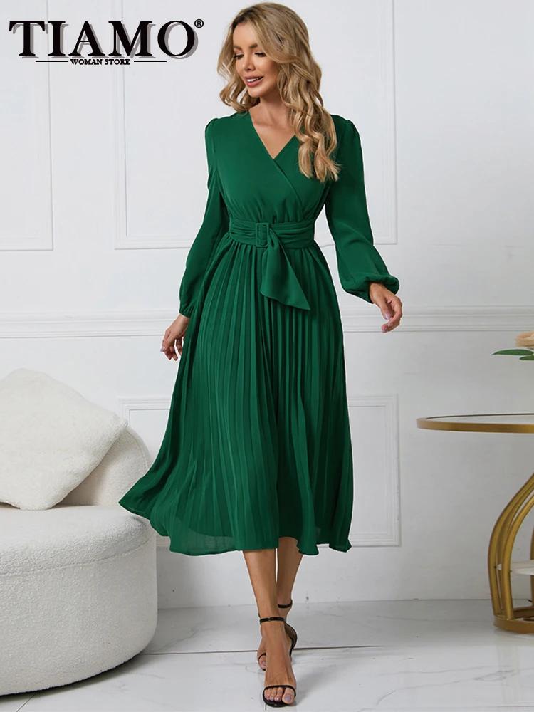 

TIAMO Elegant Long Sleeve Slim Pleated Belt V-neck Dress A-line Skirt Female Club Party Long Dresses Wholesale Dropshipping