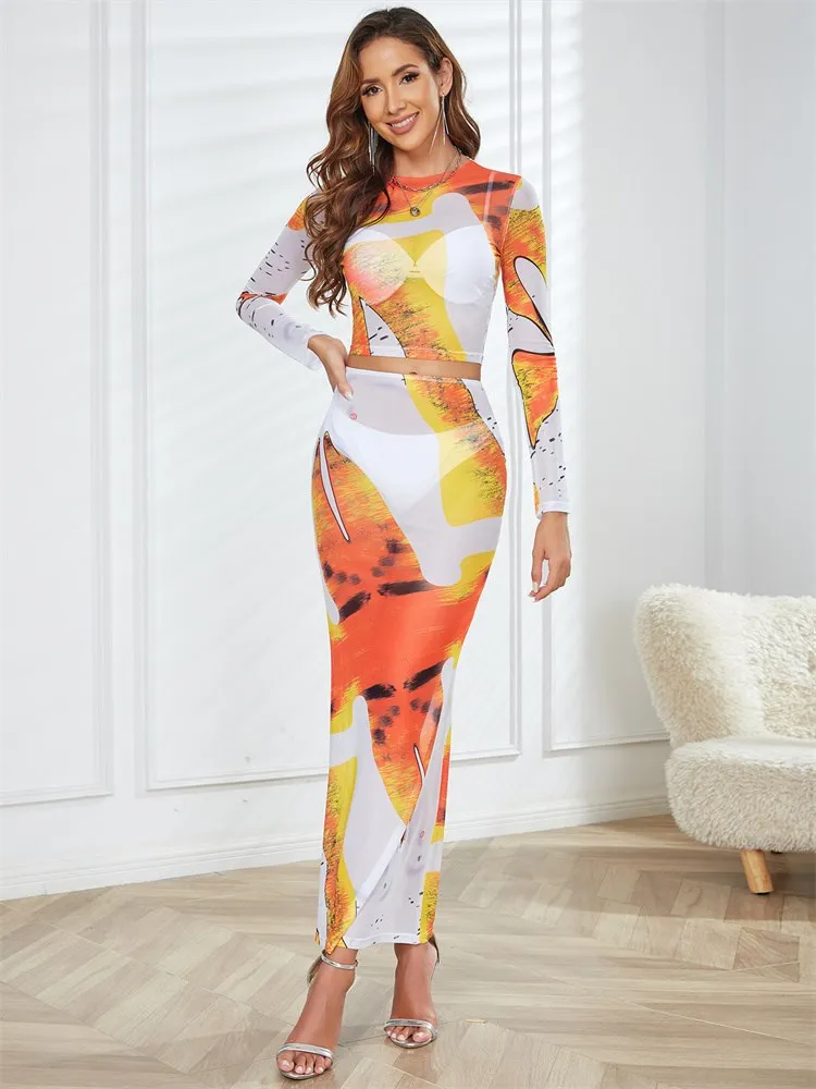 

Kliou/комплект из двух предметов с сеткой; Женский потрясающий короткие футболки с принтом + облегающая юбка; Платье; Одинаковая одежда для девочек; Повседневная одежда для вечеринки с координатами 2023