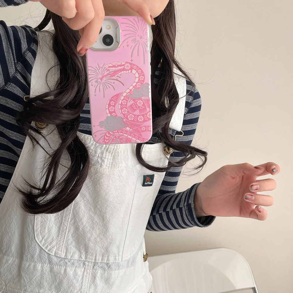 Chinese Style Pink Snake Fireworks Cloud Shockproof Protective Phone Cover Case for iPhone 16 15 14 13 12 Pro Max