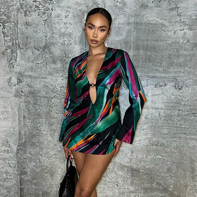 

Облегающее платье-мини с длинным рукавом и принтом, Y2K