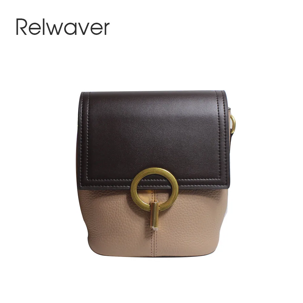 

Relwaver women messenger bags genuine leather 2023 spring contrast color shoulder bag mini lock cover bucket vintage crossbody