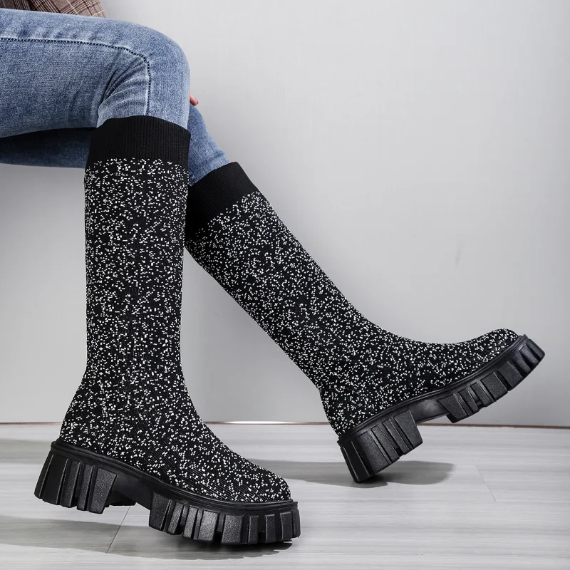 

Осенне-зимние женские сапоги на толстой подошве, модные вязаные сапоги-носки, женские повседневные теплые брендовые сапоги, облегающие эла...