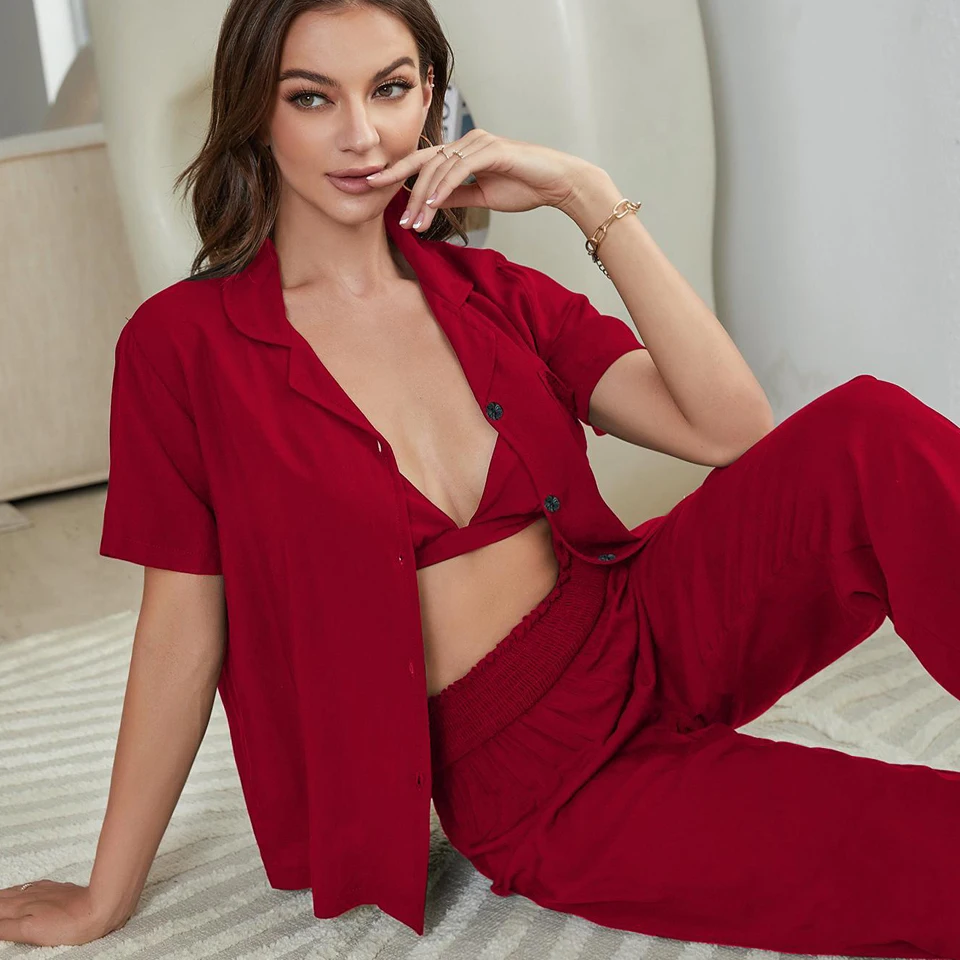 Летняя женская одежда для сна костюм-тройка рубашка на пуговицах с короткими