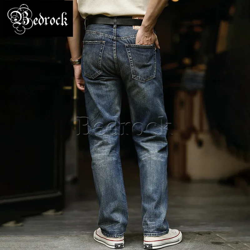 MBBCAR 14.5oz selvedge denim jeans men whisker monkey wash blue cattle jeans distressed restoration retro wear straight pants