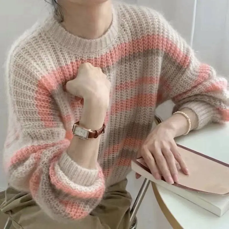 

Korean Style Loose Sweater Female 2023 Autumn Winter New Striped Contrast Color Loose Casual Knitted Top Women