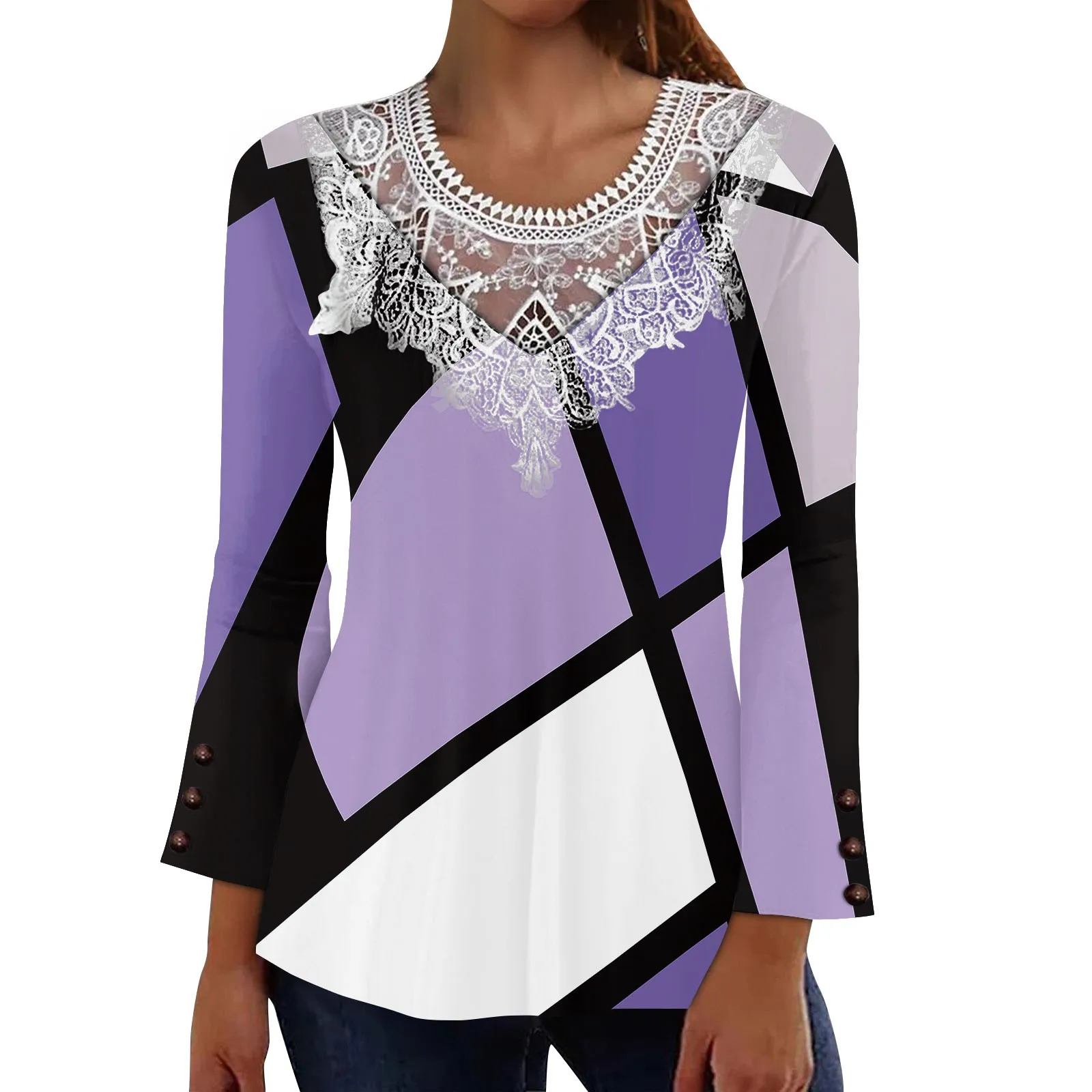 

Fashion T-shirt For Women Autumn Winter Geometric Print O-neck Long-sleeved Tops Loose Lace Splicing Collision Blouse