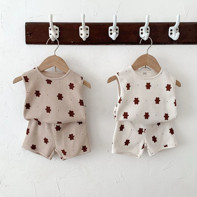 

Infant Baby Girl Clothes Set Summer Cute Cartoon Bear Print Vest Top + Shorts Suit for Boy Cotton Sleeveless Children's Clothing