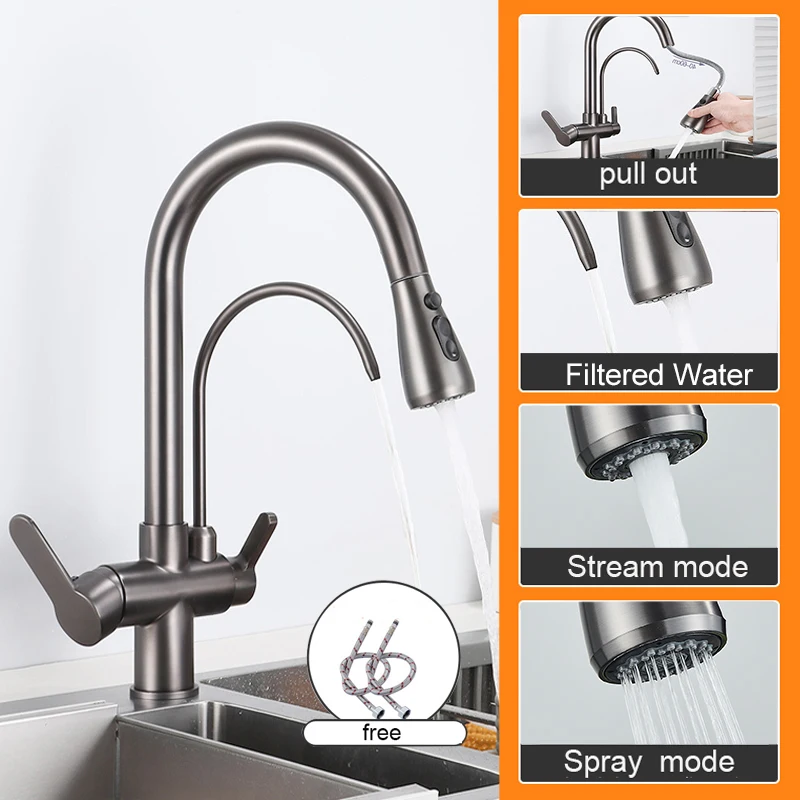 

Matte Black Brushed Nickel Lead Free Mixer Tap 2 Handle 3 in 1 Kitchen Pull Out Drinking Water Filter Purifier Faucet