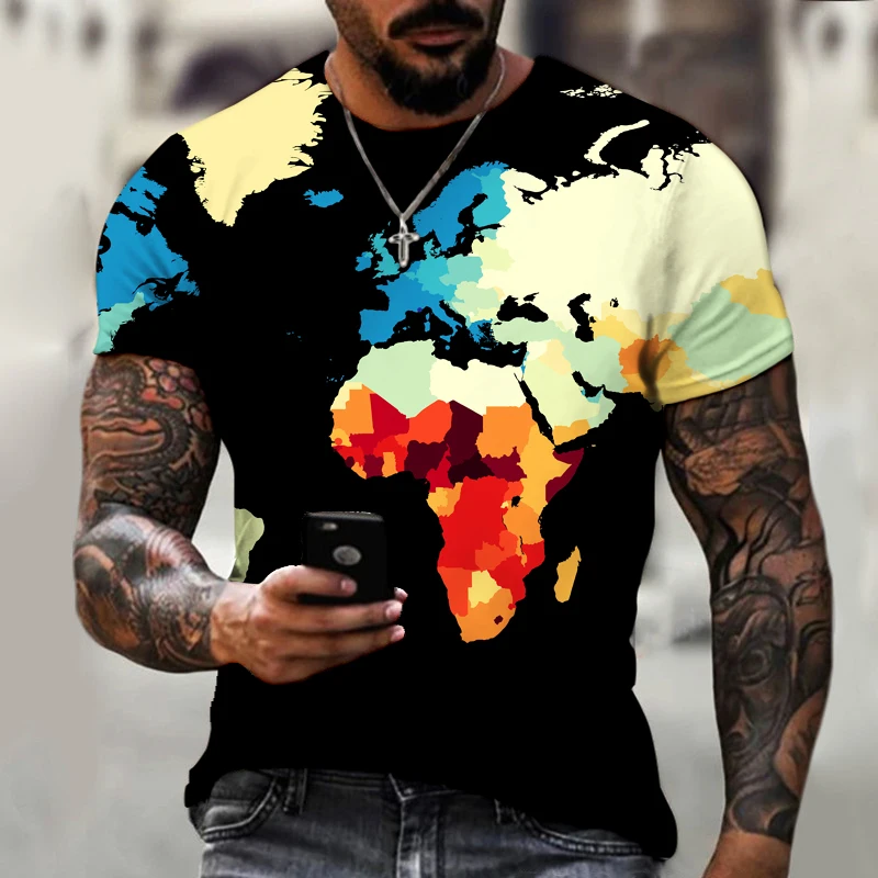 

Vintage World Map 3D Printing New Summer Men's Oversized T Shirt Top Crew Neck Fashion Top Brands