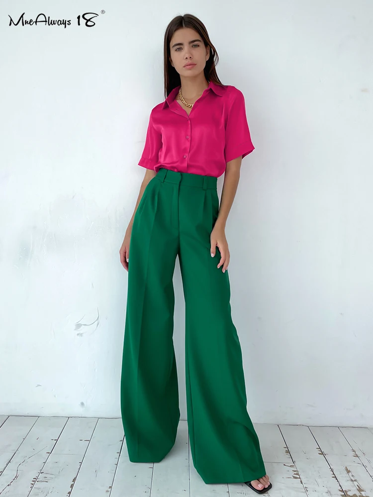 

Mnealways18 Позолоченные зеленые женские офисные широкие брюки с высокой талией весна-лето 2023 офисные женские длинные брюки в пол