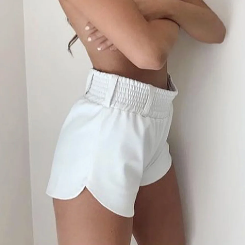 

Elastic High Waist White PU Shorts Women Loose Faux Leather Runner Shorts Summer Streetwear Sexy Wide Leg Shorts For Women