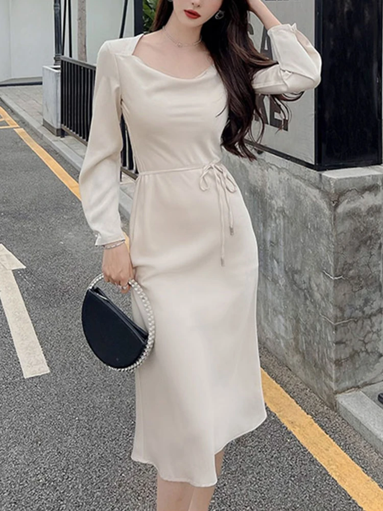 

Spring Fashion Women Lace-up Satin Midi Dress Office Lady Casual Long Sleeve Vestdios Female Party Dress