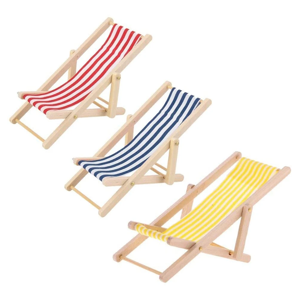 

3Pcs 1:12 Miniature Foldable Wooden Beach Chair Mini Deck Chair Longue Deck Chair with Stripe Dollhouse Accessories
