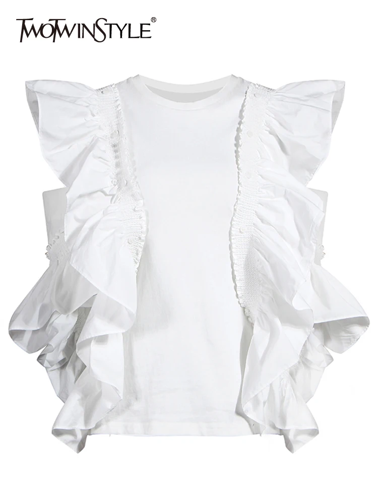 

TWOTWINSTYLE Minimalist Folds T Shirts For Women Round Neck Butterfly Sleeve Pullover Casual Loose T Shirt Female Fashion Style