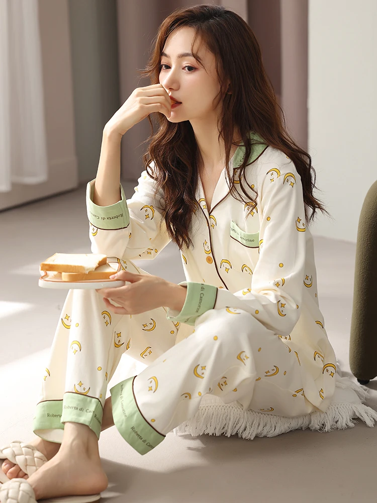 Winter Pajama For Women Fine Cotton Pijama Feminino Home Clothes Print Sleepwear Long Sleeves Nightwear PJ Cotton Pyjama Femme
