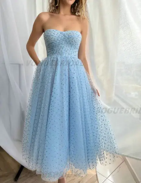 

Sky Blue Midi Prom Dresses Women A Line Strapless Pleats Homecoming Gowns Formal Pageant Party Bridesmaid Dress Free Shipping