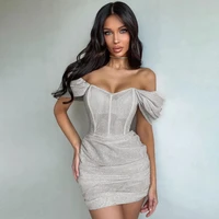 hotcy bling glitter women party elegant short sleeve off shoulder corset ruched bodycon mini dress sexy