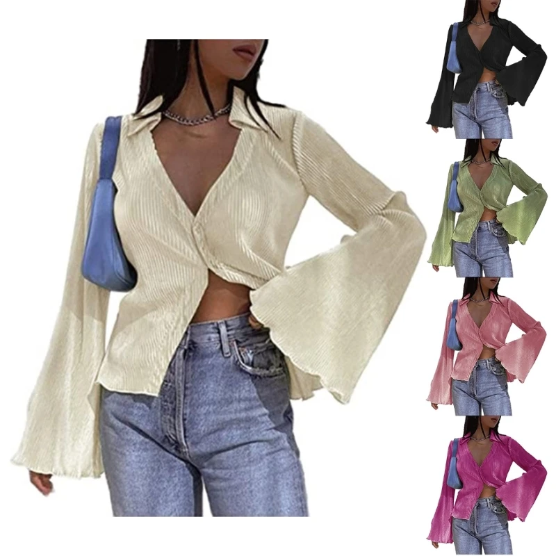 

Women Lapel Deep V-Neck Button Front Flared Long Sleeve Cardigan Solid Color Ruffle Trim Pleated Slim-Fit Blouses Shirts