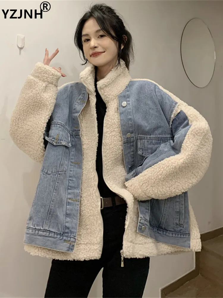 

YZJNH Winter Denim Patchwork Lamb Wool Jacket Women's Korean Version Loose And Versatile Thickened Denim Top Cotton Jacket