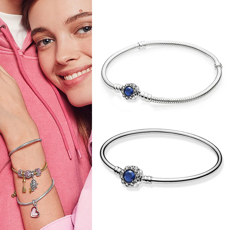 

New Pan 925 Silver Brilliant Life Fashion Blue Star Corolla Non Threaded Snake Bone Chain Women Wedding Surprise Gift Jewelry