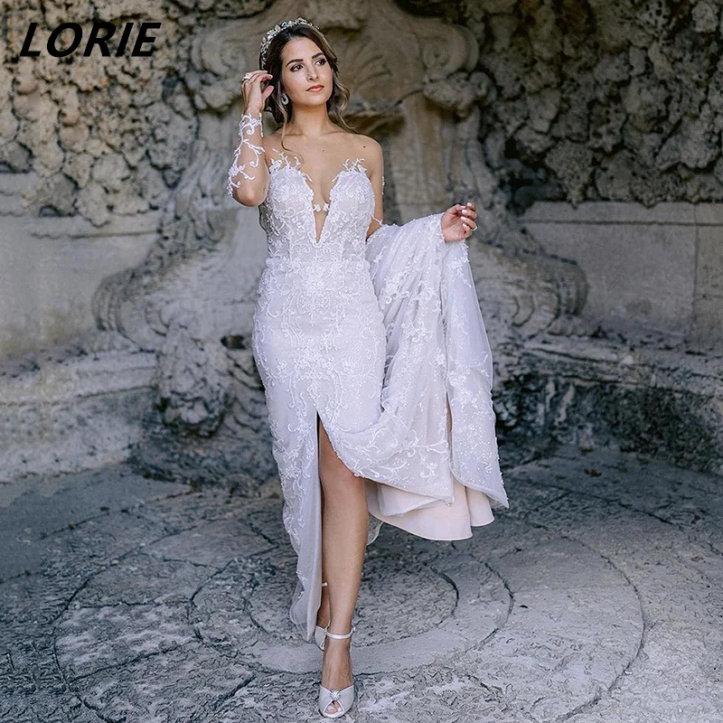 

LORIE Sexy High Slit Mermaid Wedding Dresses Deep V-Neck Lace Backless Bridal Gowns Long Sleeves Boho Bridal Dress