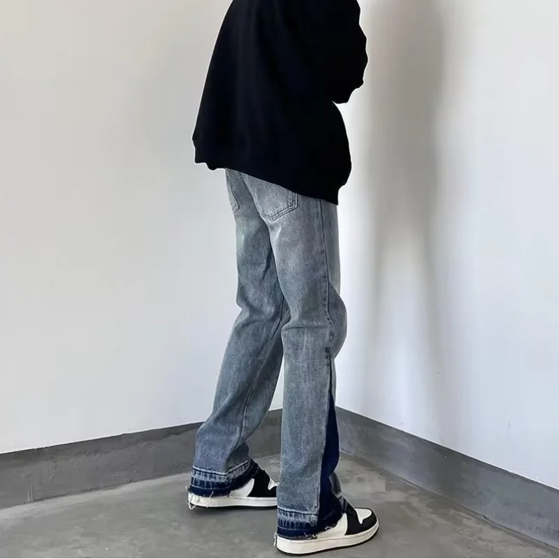 DEEPTOWN Patchwork Jeans Men Classic Hole Cross Straight Denim Pants Hip Hop Casual Loose Trousers Male Washed Fashion Spring