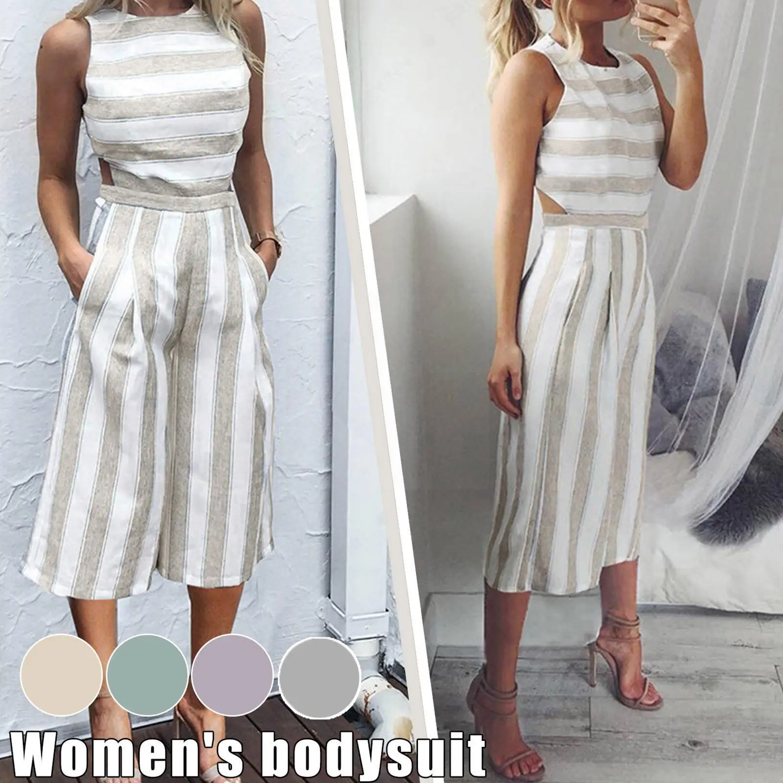 

Rompers Women Jumpsuit Round Neck Sleeveless Playsuit Jumpsuit Vest Jumpsuit Clubwear Lady Cropped Straight Fashion Striped P6q4