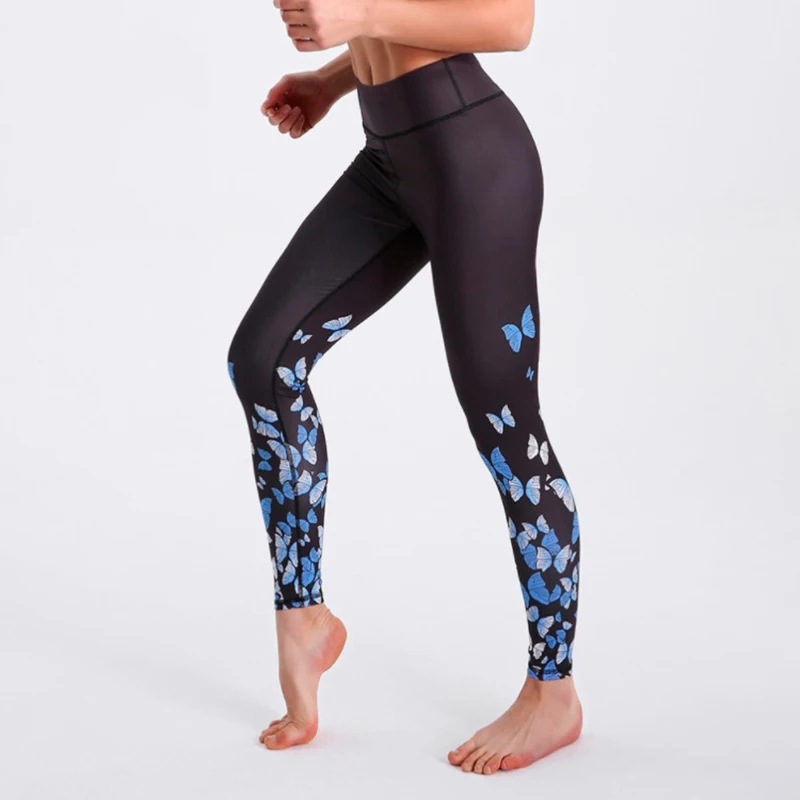 20223 Women Autumn Fashion Butterfly Print Leggings High Elastic Gym Fashion Fitness Leggings Sports Yoga Pants Large Size Black