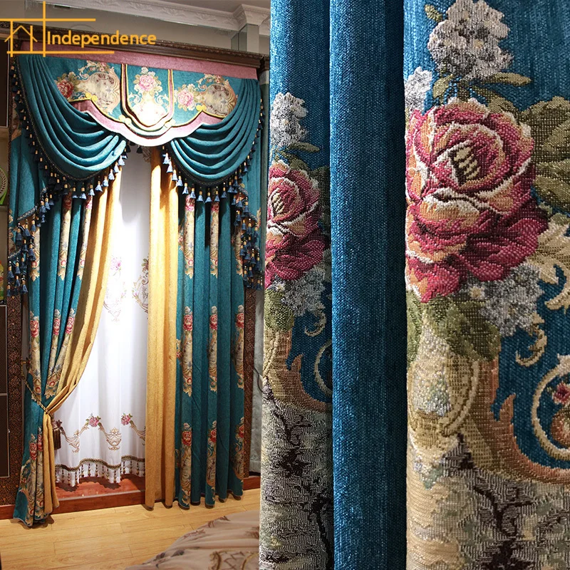 

American High-end Country Retro Chenille Jacquard Stitching Thickening Blackout Curtains for Living Room Bedroom Finished