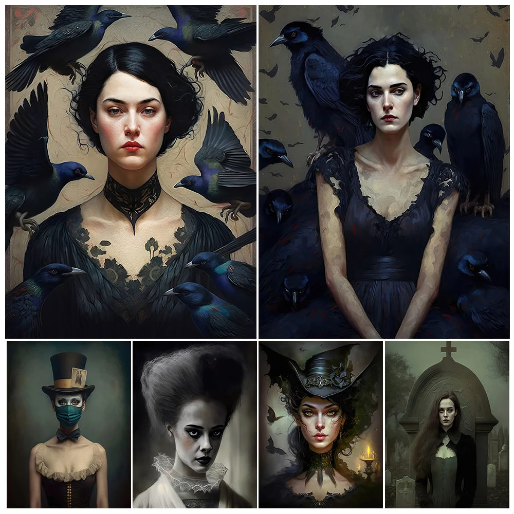 

Victorian Gothic Black Crow Witch And Skeleton Portrait Vintage Wall Art Dark Fantasy Witch Vampire Aesthetic Art Poster Print