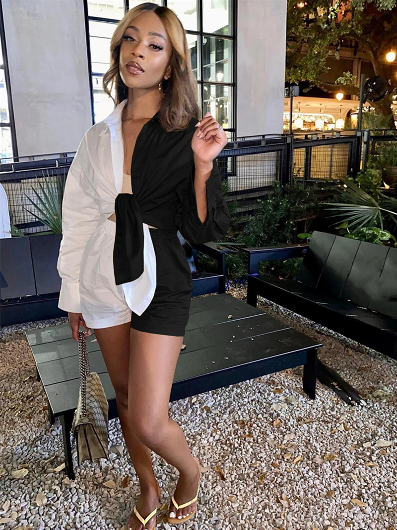 

Elegant Striped Colorblock Tracksuit Women Shorts Sets Summer Clothes Long Sleeve Shirt and Shorts Suit Fashion Two Piece Outfit