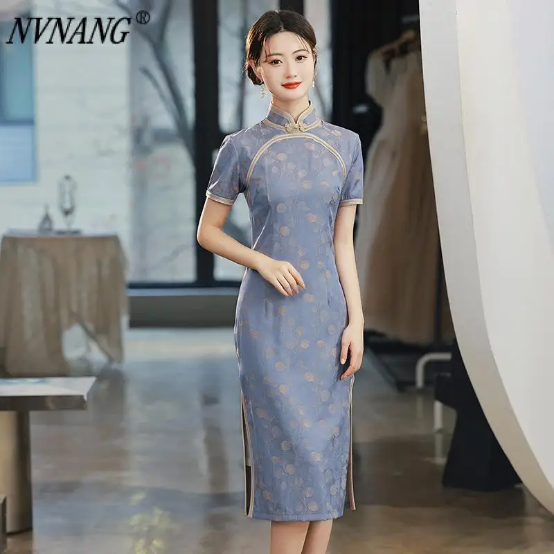 

Nvnang Chinese Cheongsam, Spring New Blue and Purple Jacquard Modified Girl Cheongsam, Retro Elegant Wide-Brimmedcheongsam Skirt