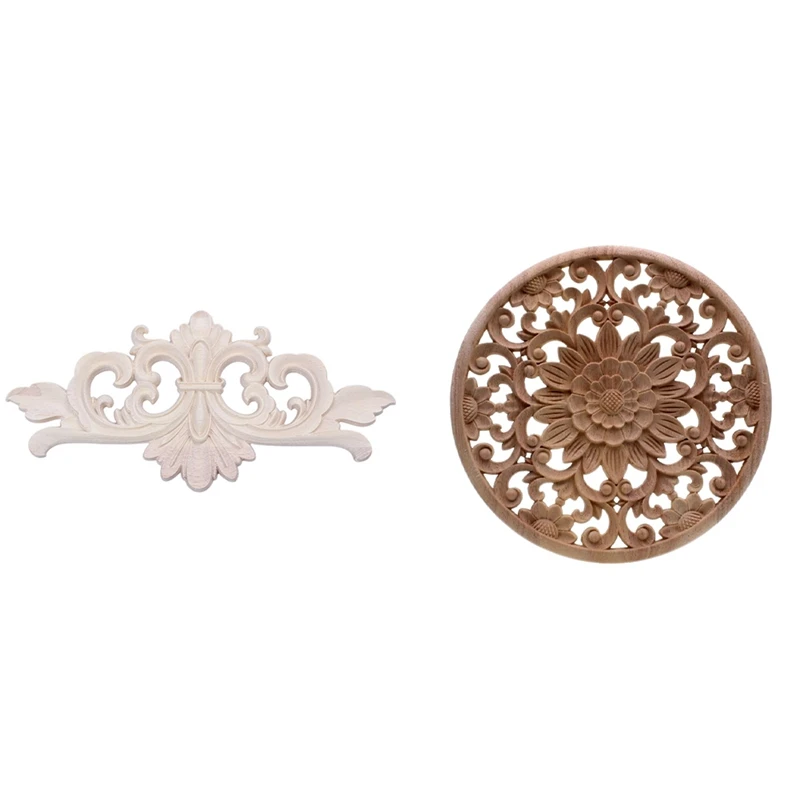 

22X10 Cm Wood Carved Corner Applique Decor With Carved Flower Carving Round Wood Appliques For Furniture