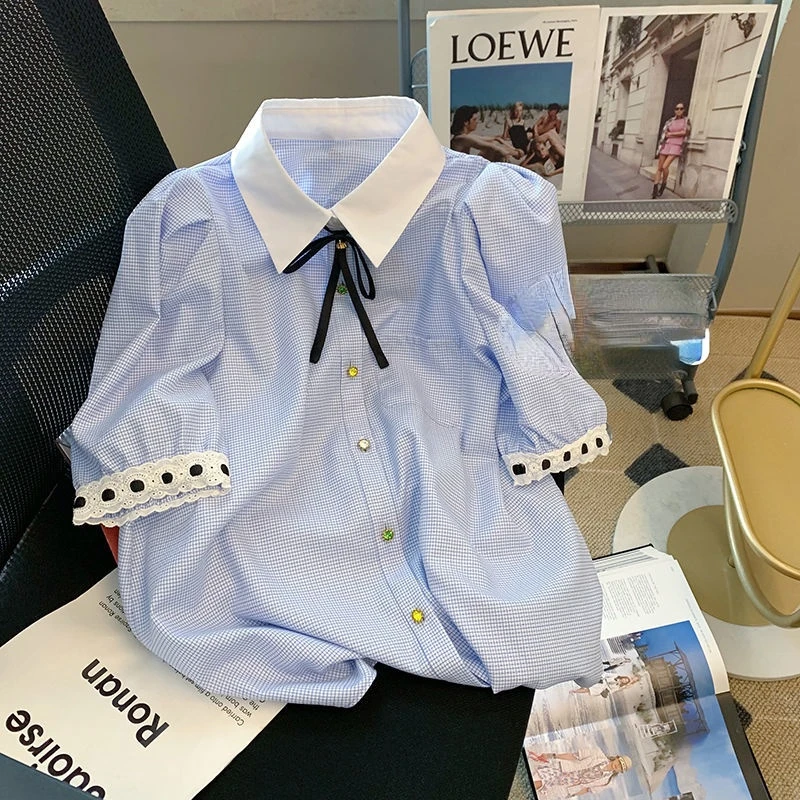 

2022 Women Summer New Korean Lapel Short Sleeve Shirts Female Bow Single Breasted Shirts Ladies Solid Color Loose Blouses H19