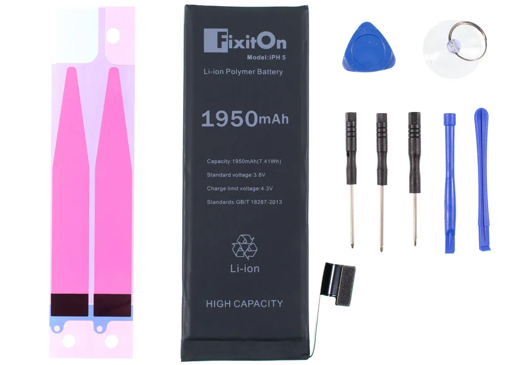 Аккумулятор для Apple iPhone 5 Fixiton увеличенной емкости + набор отвёрток, ленты и лезвия для разборки батареи мобильного телефона.