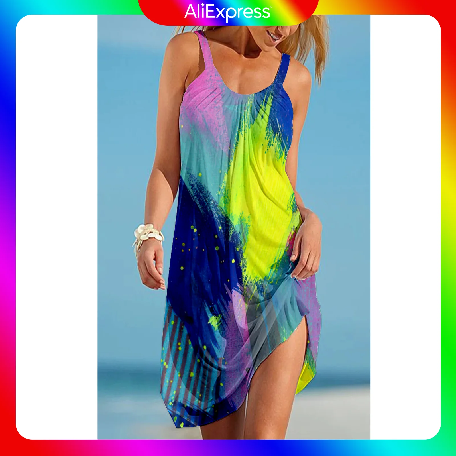 

Summer Boho Sexy Sling Beach Dress Color Print Women Sleeveless Dresses Hawaii Casual Vintage Beachwear Girl Loose Night Dress
