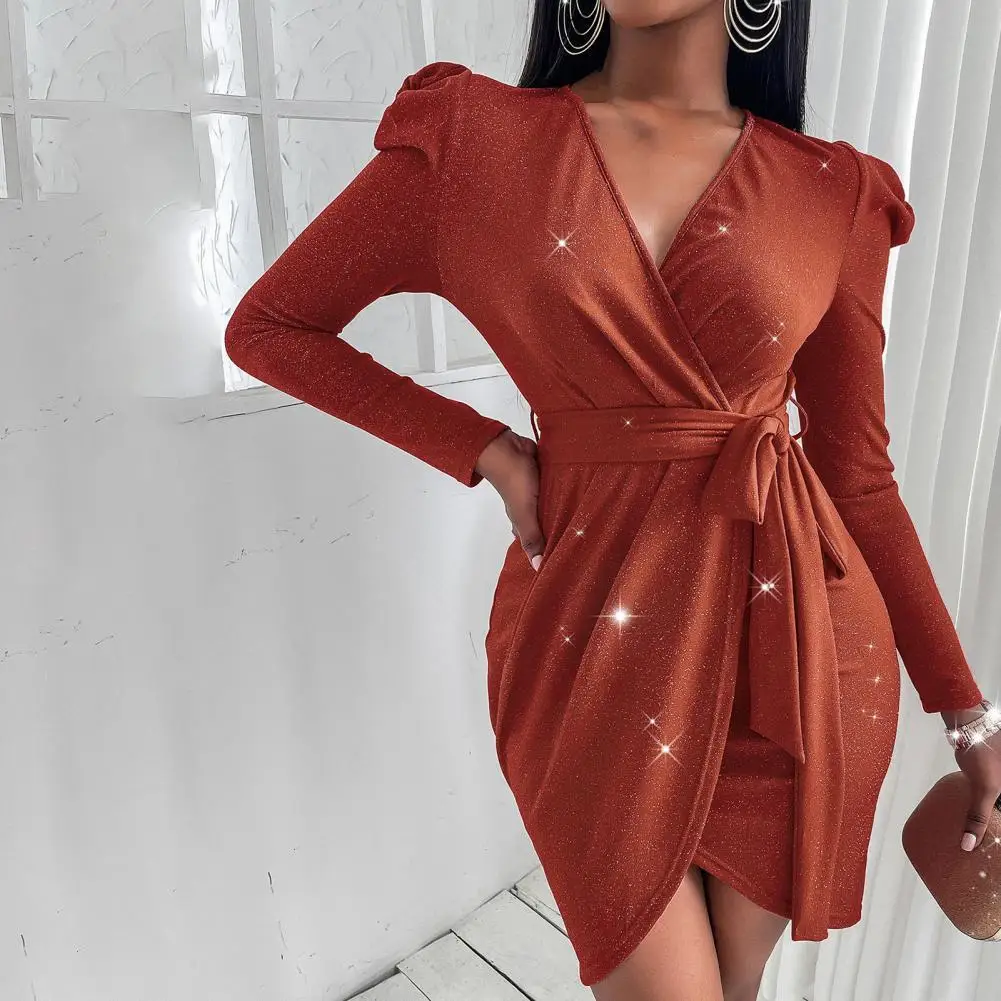 

Стильное официальное платье с пышными рукавами, уличная одежда, облегающее платье, обтягивающее мини-платье с запахом на бедрах