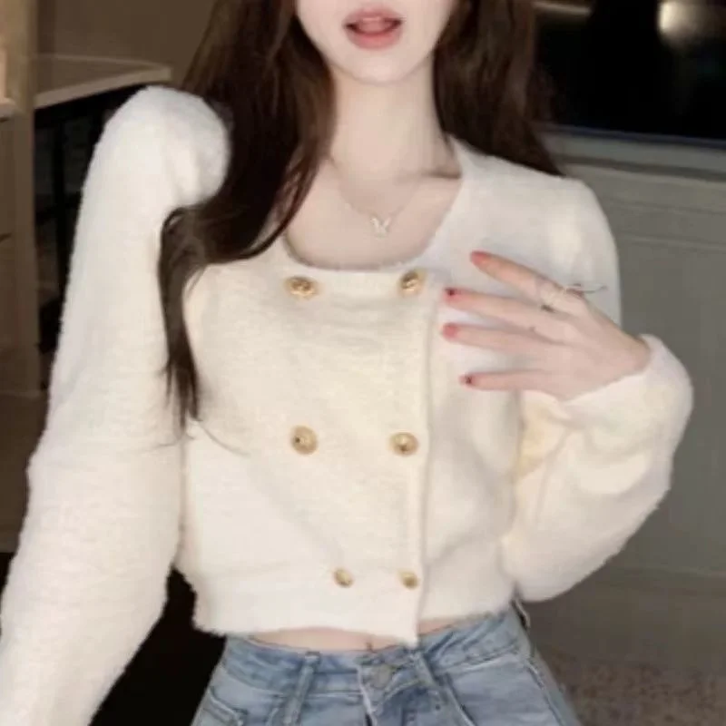 

Korean sweater temperament small fragrant short cardigan sweater women collar double breasted knit design sense cardigan female