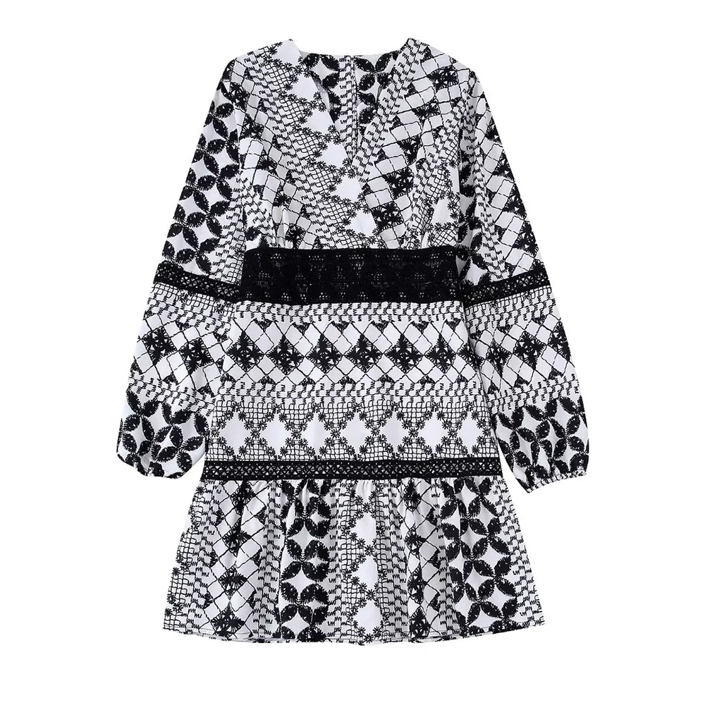 

Женское летнее кружевное платье в стиле пэчворк, модное свободное шикарное платье с V-образным вырезом, длинным рукавом и молнией сзади, пла...