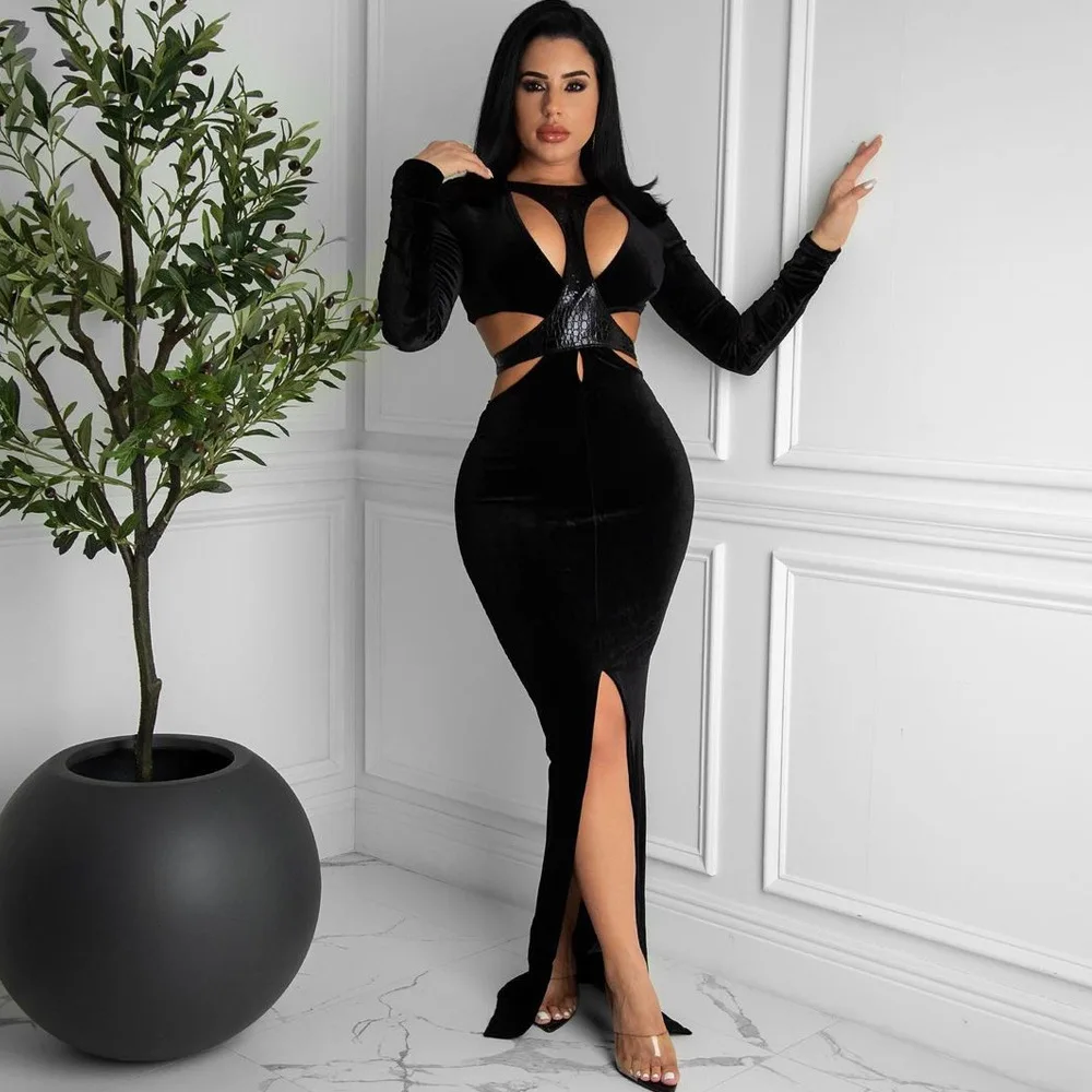 

Соблазнительные длинные кожаные платья с глубоким V-образным вырезом, высоким разрезом и длинными рукавами, платье с юбкой-годе для ночного клуба и вечеринки, Новое поступление