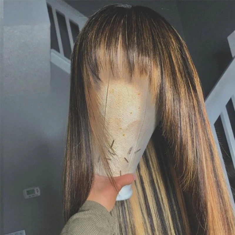 

Парик пианино 4/27 года с эффектом омбре, шелковые прямые короткие парики из человеческих волос с челкой, бразильские натуральные волосы без ...